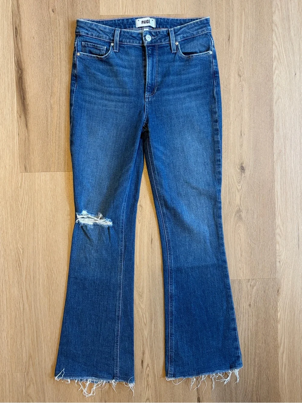 PAIGE High Rise Laurel Canyon Raw Hem Flare Jeans Freesia Destructed
